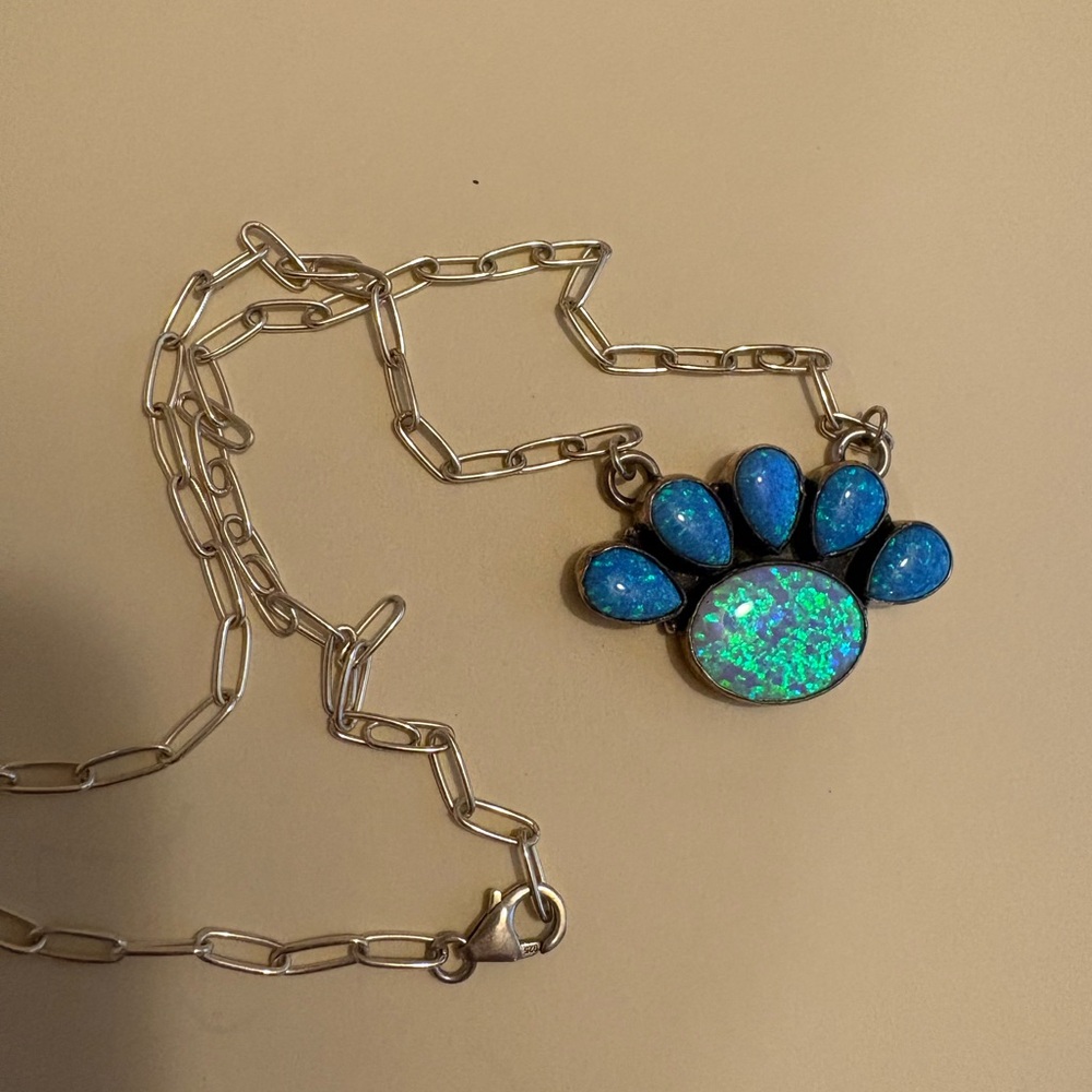 Blue & White Opal Sunrise Sterling Silver Bar Necklace, 18”